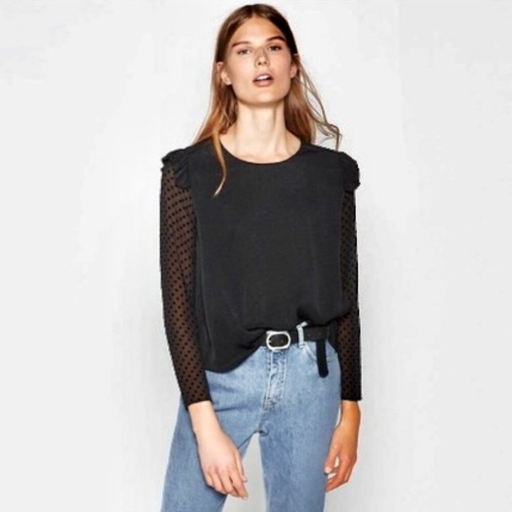 Zara Black Frilled Polka Dot Sleeve Blouse